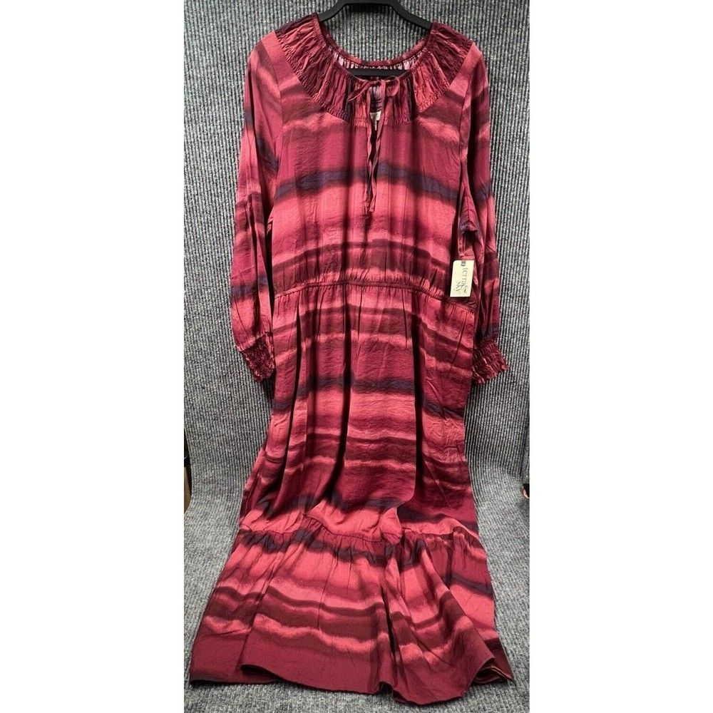 Terra & Sky Maxi Dress Womens 2X (20-22W) Maroon Peasant Tiered Long Sleeve NWT‎